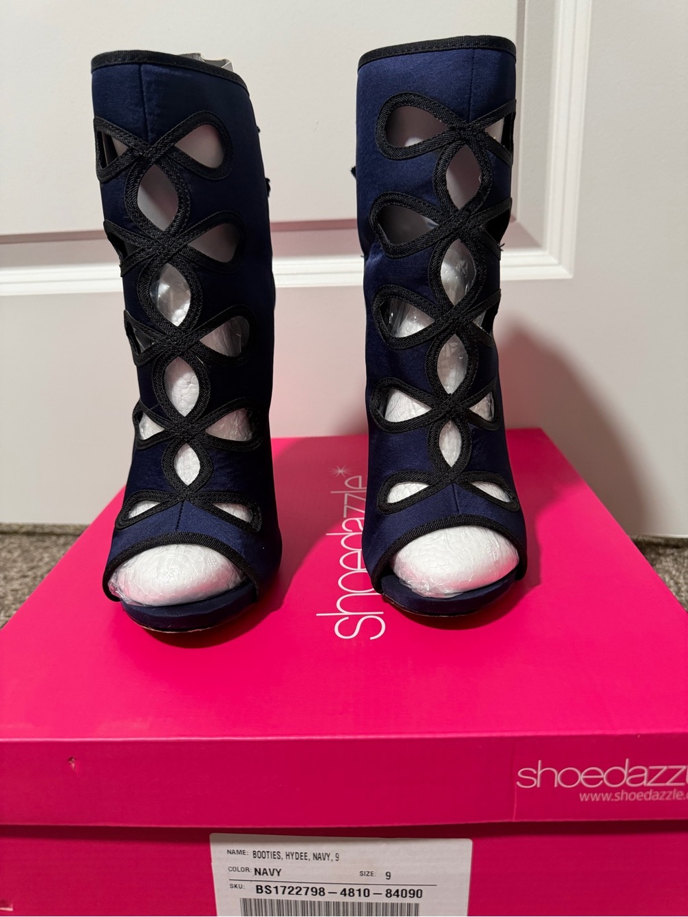 Shoe Dazzle Navy Open Cutout Peep-Toe Heeled Boots